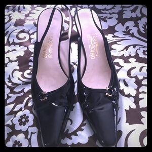 Salvatore Ferragamo Glossy Black Slingback Heels